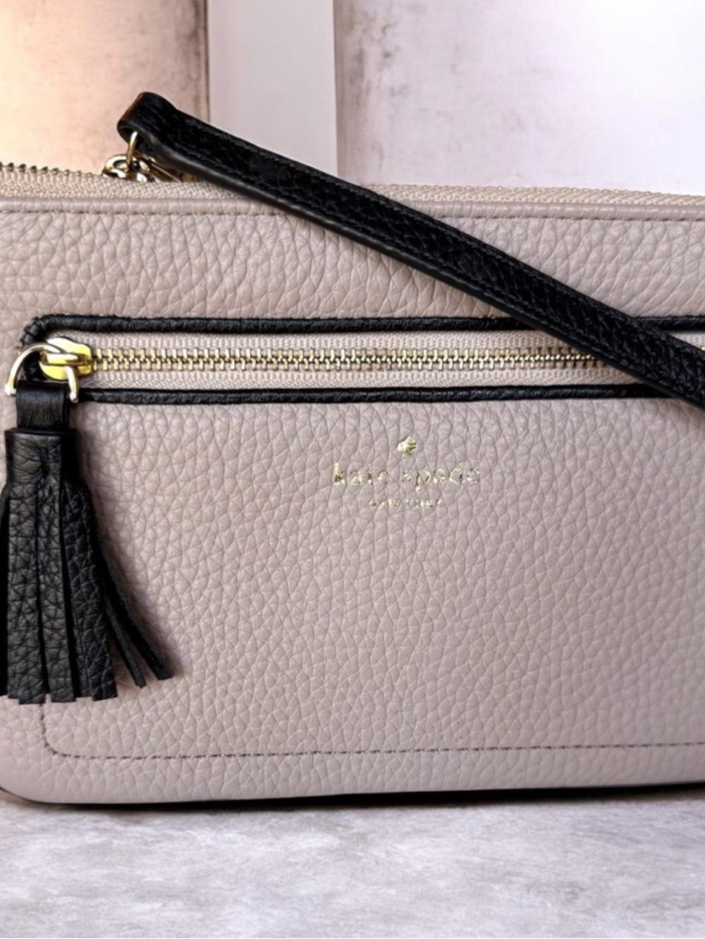kate spade Cream and Black Pebbled Leather Shoulder Bag with Tassel